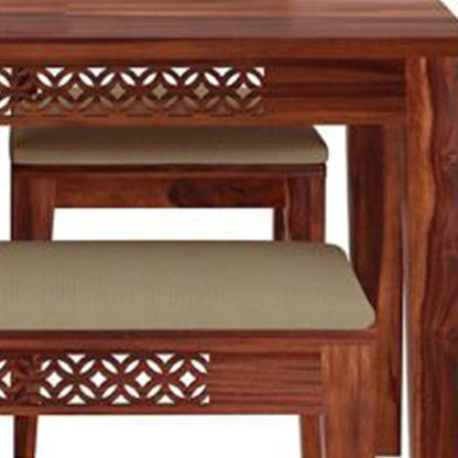 Sheesham Wood 4 Seater Dining Table Set with Bench & Cushioned Chairs