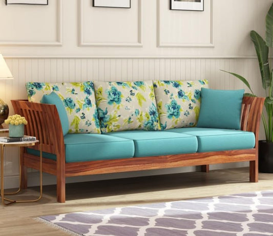 Sheesham Wood 3 Seater Sofa Floral Cushion Living Room