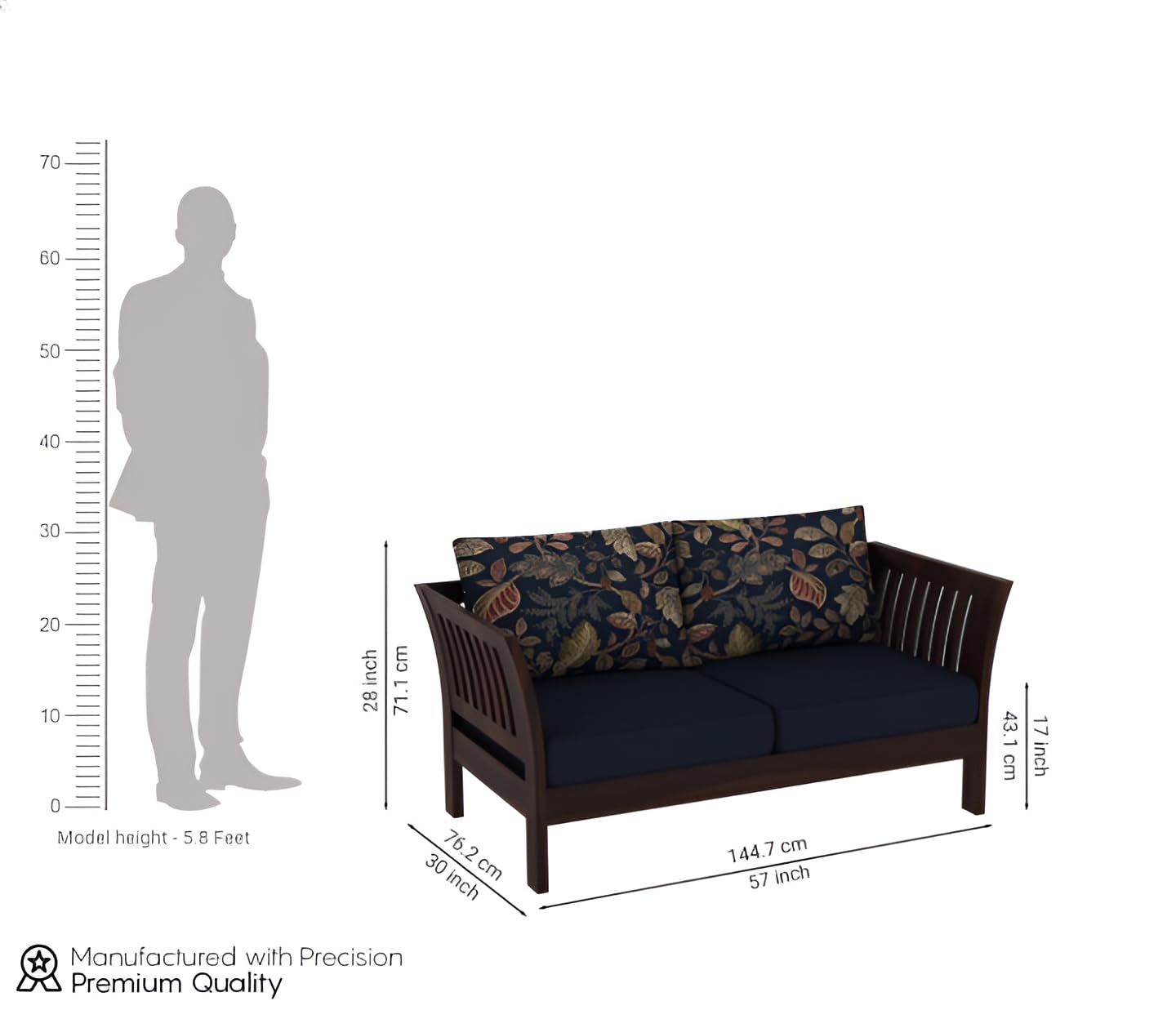 Wooden Loveseat with Cushioned Seat & Printed Back Cushions