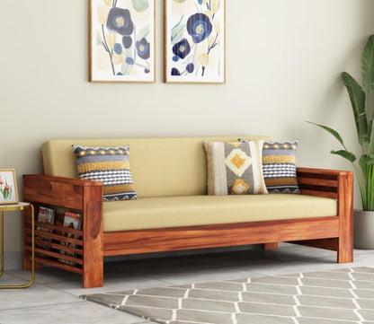 Sheesham Wood 3 Seater Sofa Beige Cushion Solid Frame