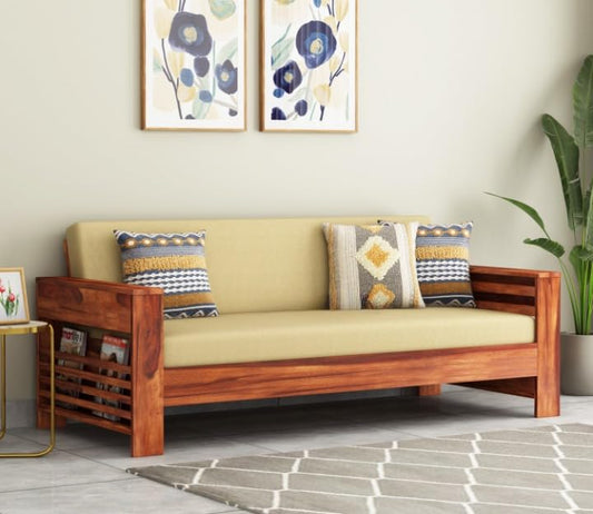 Sheesham Wood 3 Seater Sofa Beige Cushion Solid Frame