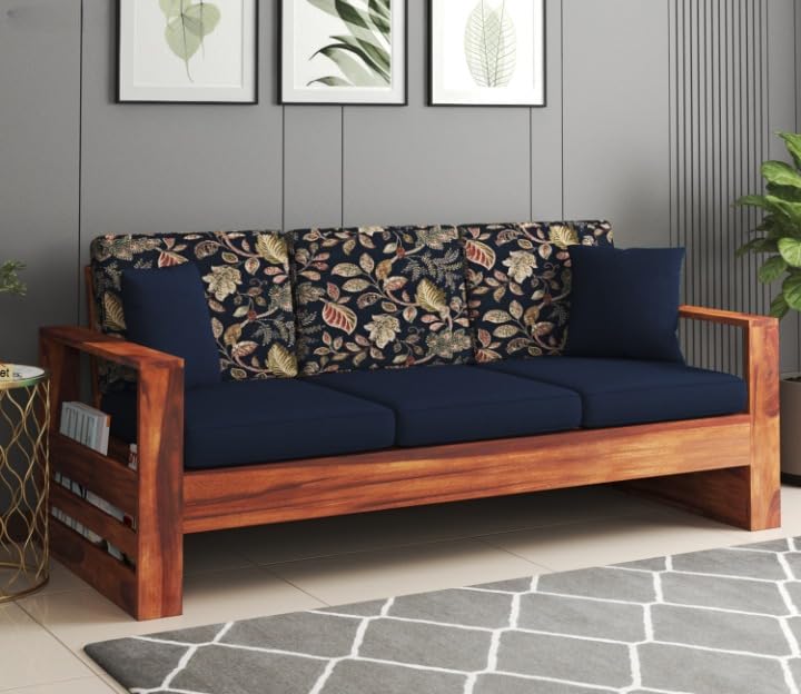 Sheesham Wood 3 Seater Sofa Blue Cushion Floral Backrest