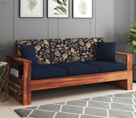 Sheesham Wood 3 Seater Sofa Blue Cushion Floral Backrest