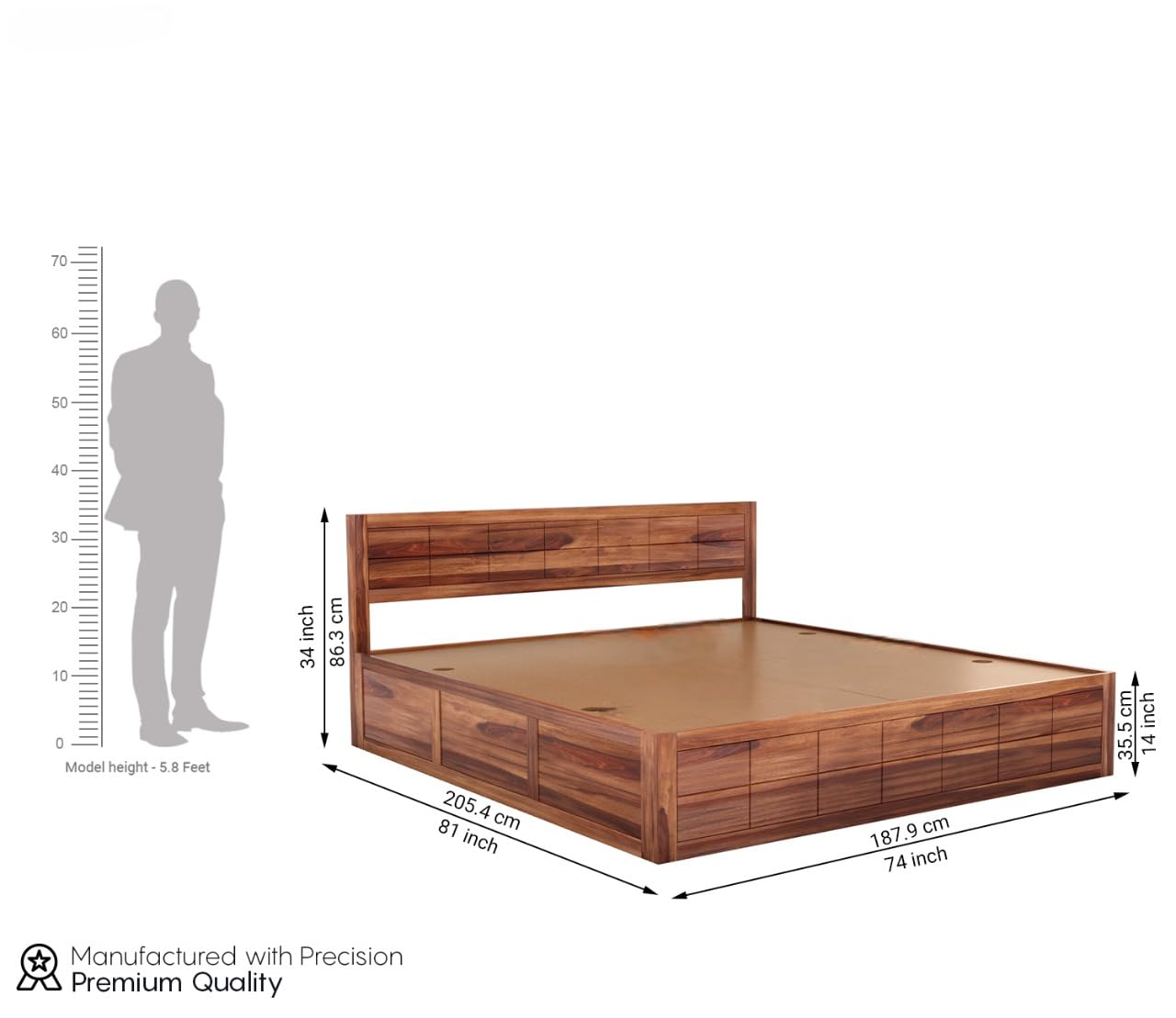Solid Sheesham Wood King Size Bed with Box Storage