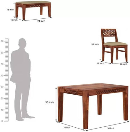 Sheesham Wood 4 Seater Dining Table Set with Bench & Cushioned Chairs
