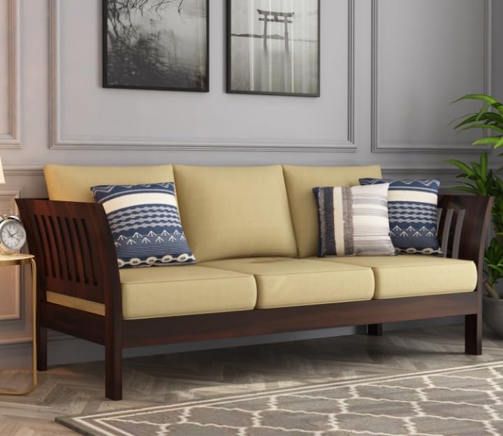 Sheesham Wood 3 Seater Sofa Beige Cushion Living Room