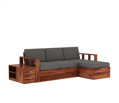 Solid Wood L Shape Storage Sofa with Side Table Unit