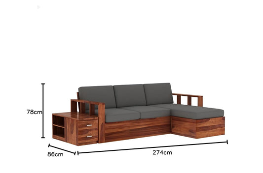 Solid Wood L Shape Storage Sofa with Side Table Unit