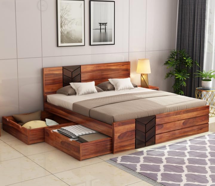 Premium Solid Sheesham Wood King Size Drawer Storage Bed