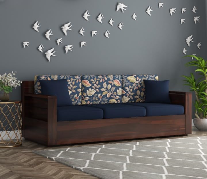 Sheesham Wood 3 Seater Sofa Blue Cushion Floral Backrest