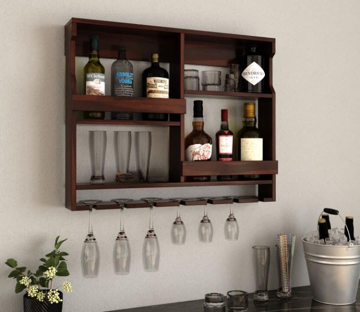 Wall Mounted Wooden Bar Cabinet with Glass Holder | Solid Wood Wine Rack Shelf