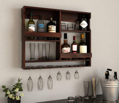 Wall Mounted Wooden Bar Cabinet with Glass Holder | Solid Wood Wine Rack Shelf