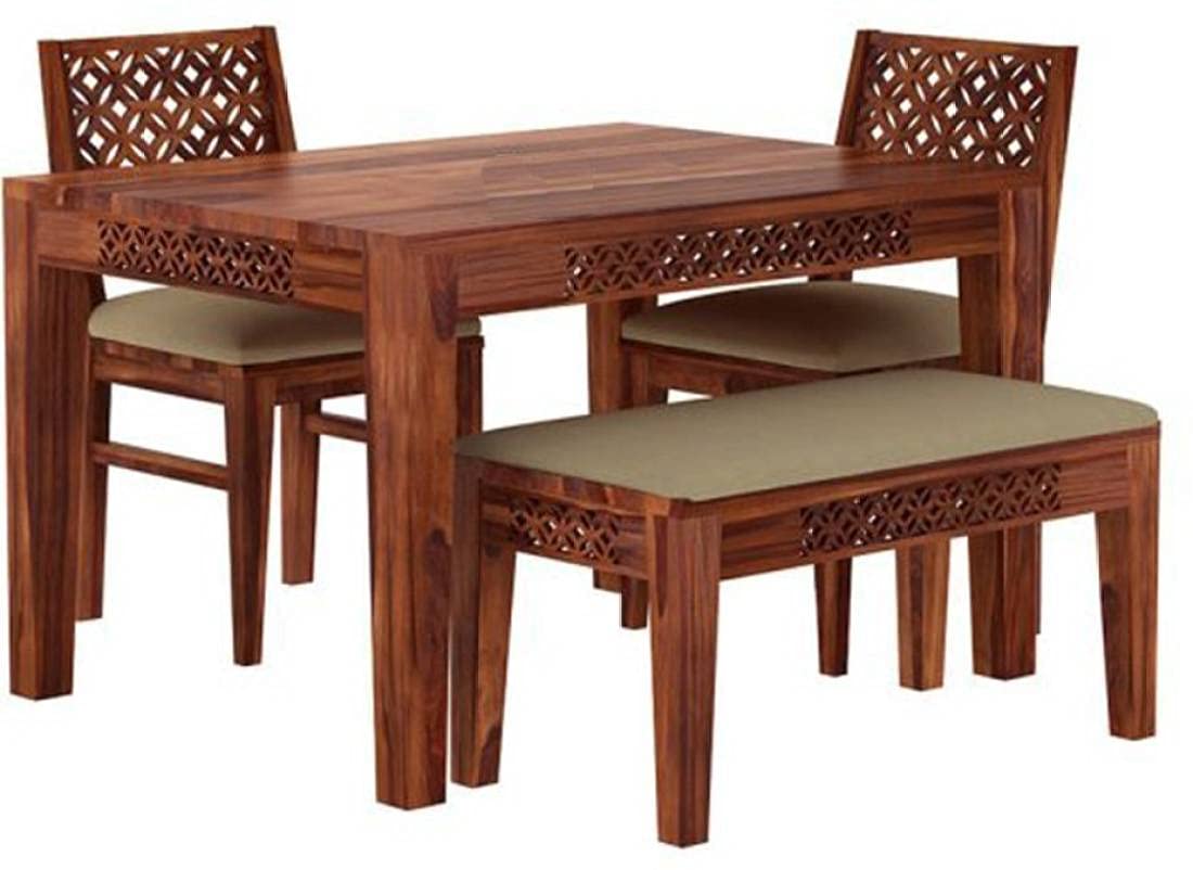 Sheesham Wood 4 Seater Dining Table Set with Bench & Cushioned Chairs