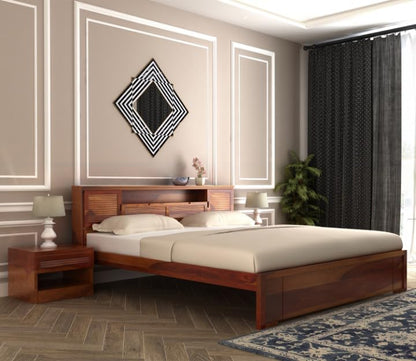 Solid Wood Queen Size Bed with Storage Headboard & Platform Frame