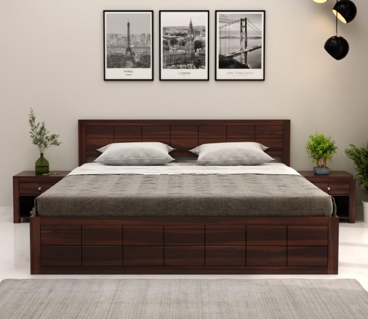 Solid Sheesham Wood King Size Bed with Box Storage