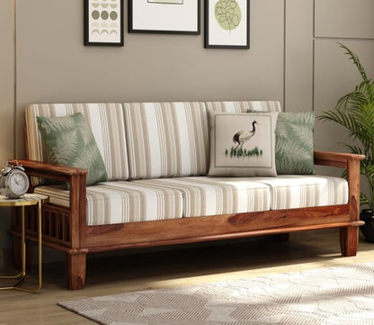 Sheesham Wood 3 Seater Sofa Striped Fabric Cushion Sofa