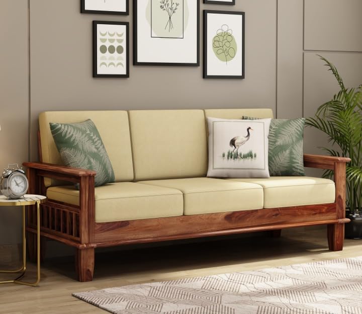 Sheesham Wood 3 Seater Sofa Beige Cushion Wooden Sofa