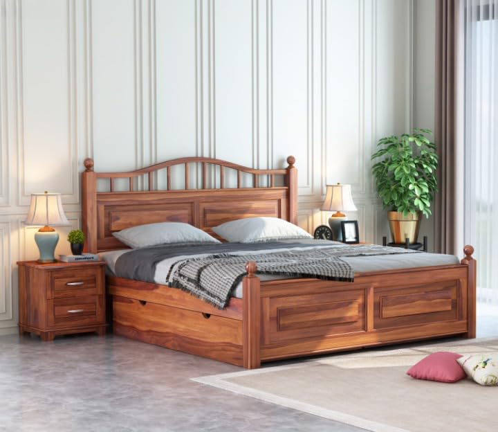 Classic Solid Wood Queen Size Storage Bed with Curved Headboard