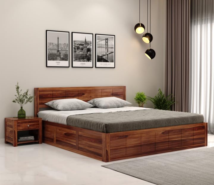 Solid Sheesham Wood King Size Bed with Box Storage