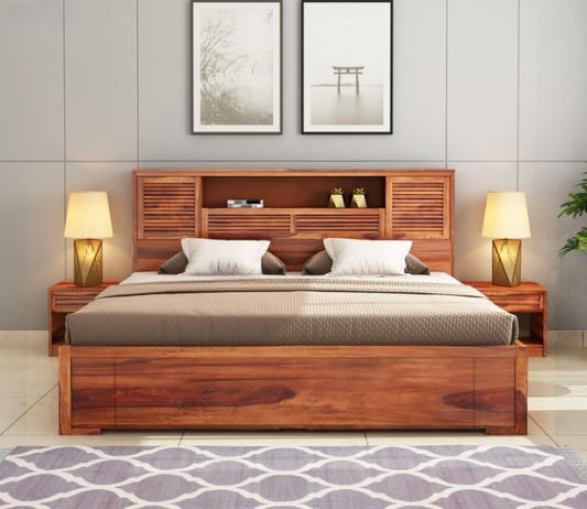 Queen Size Wooden Storage Bed with Headboard Shelves
