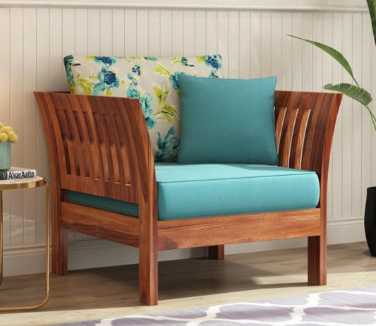 Modern Wooden Lounge Chair with Cushioned Seat & Floral Back Cushion