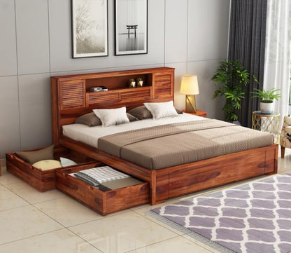 Queen Size Wooden Storage Bed with Headboard Shelves