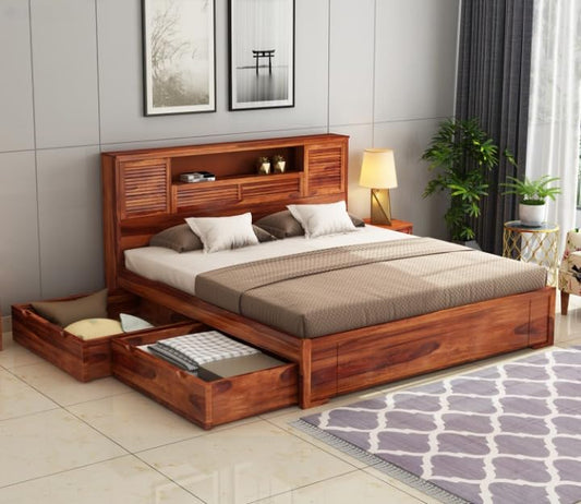 Queen Size Wooden Storage Bed with Headboard Shelves