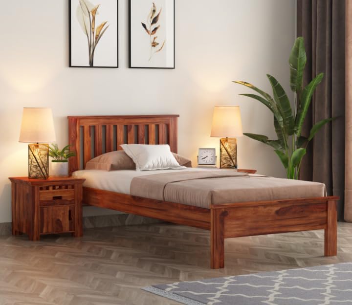 Solid Wood Single Bed with Slatted Headboard – Classic Wooden Finish