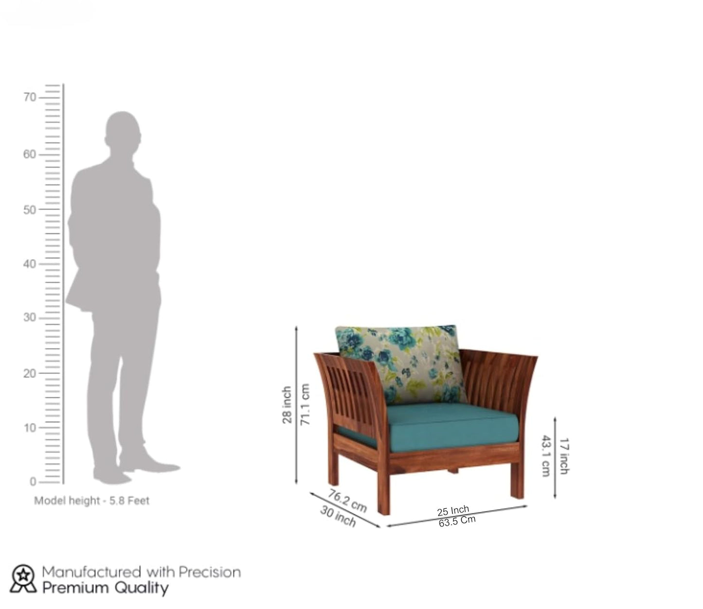 Modern Wooden Lounge Chair with Cushioned Seat & Floral Back Cushion