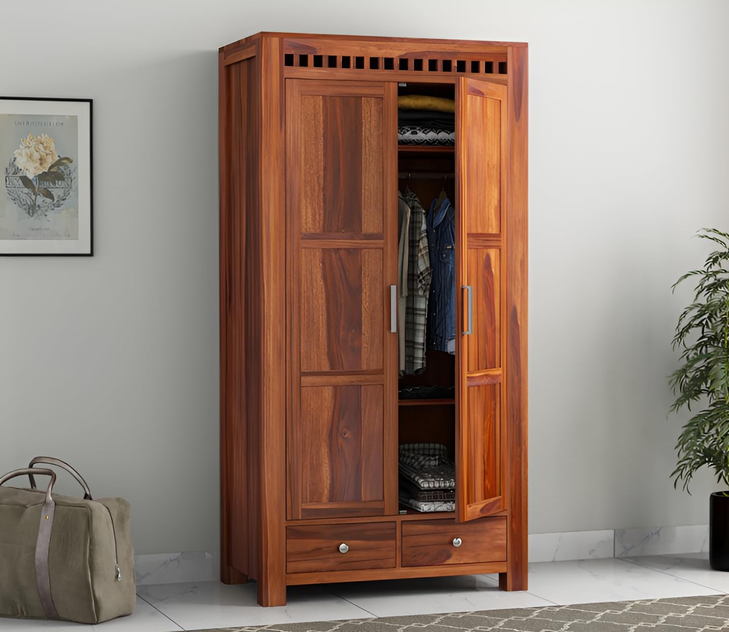 Premium Solid Sheesham Wood 2 Door Wardrobe with Drawers