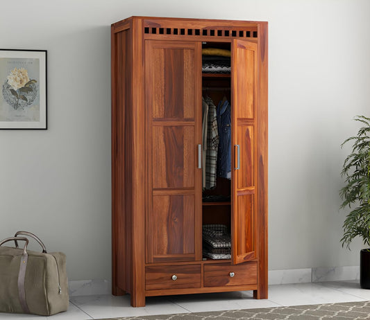 Premium Solid Sheesham Wood 2 Door Wardrobe with Drawers