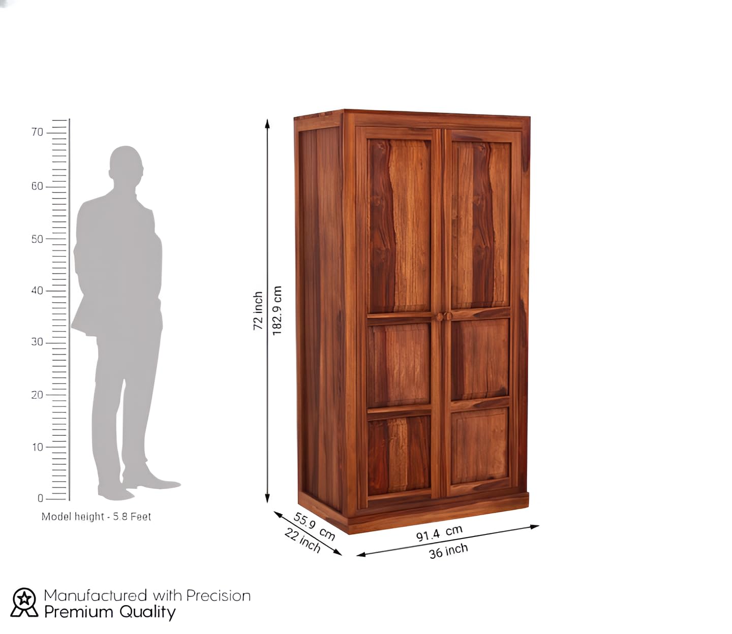 Solid Sheesham Wood 2 Door Wardrobe | Classic Wooden Almirah