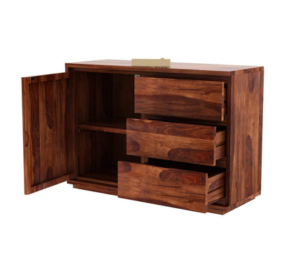 Modern Sheesham Wood Storage Cabinet with Drawers & Sliding Door