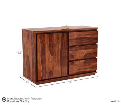 Modern Sheesham Wood Storage Cabinet with Drawers & Sliding Door