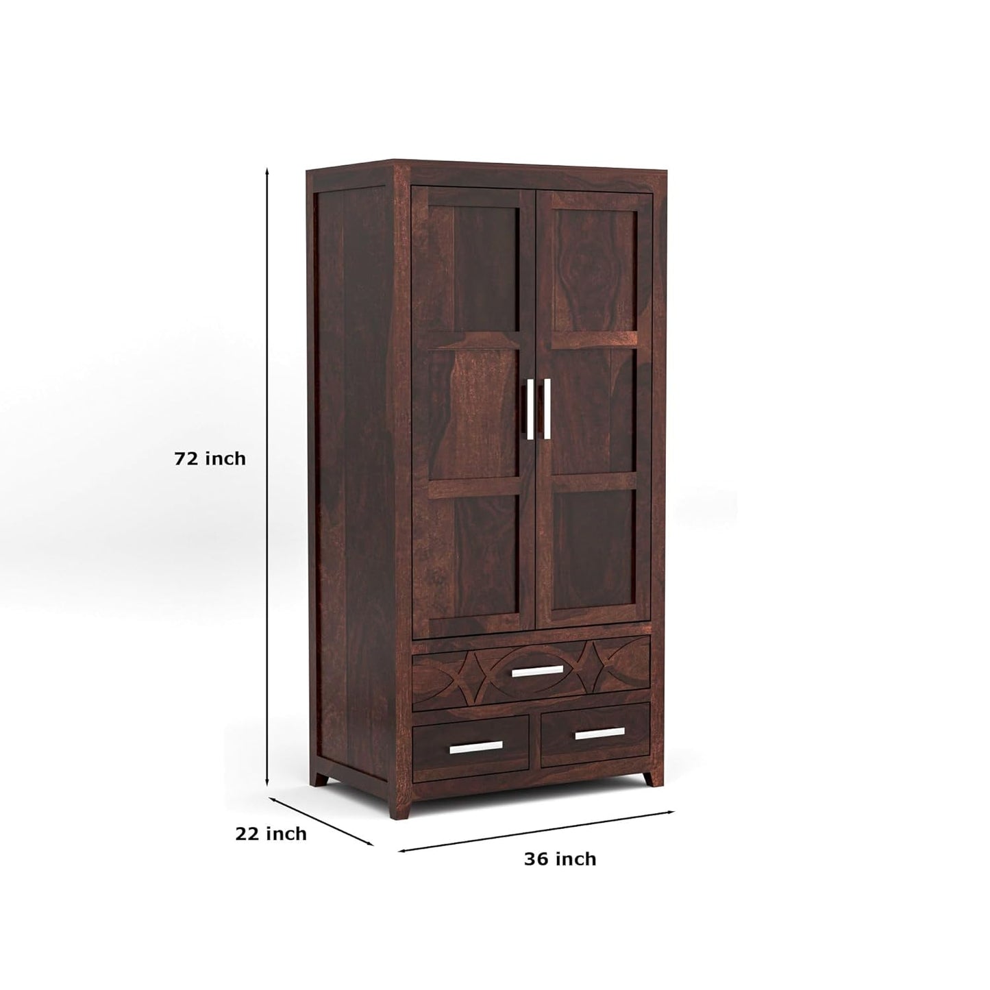 Solid Sheesham Wood 2 Door Wardrobe with 3 Drawer
