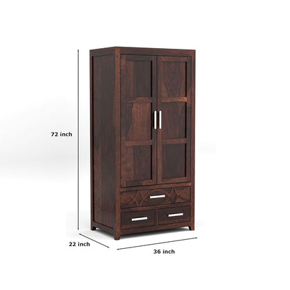 Solid Sheesham Wood 2 Door Wardrobe with 3 Drawer