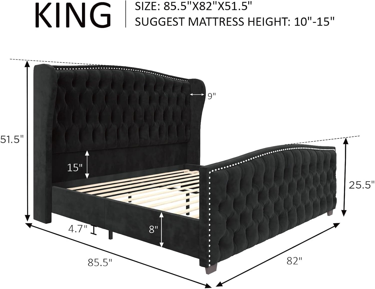 Luxury Upholstered King Size Bed with Wingback Tufted Headboard