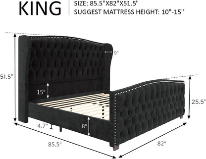 Luxury Upholstered King Size Bed with Wingback Tufted Headboard