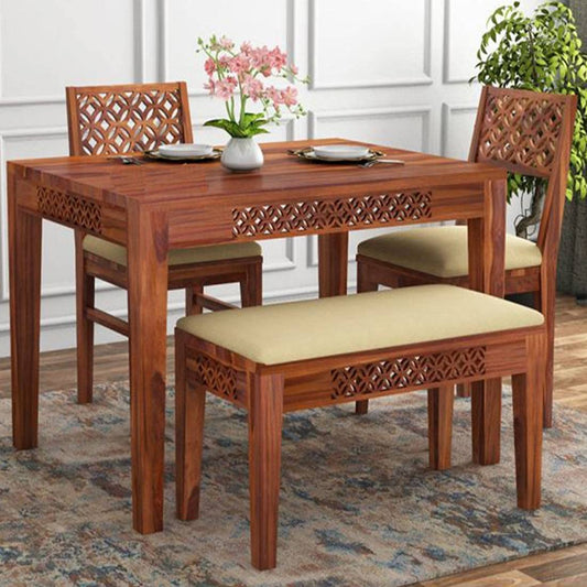 Sheesham Wood 4 Seater Dining Table Set with Bench & Cushioned Chairs