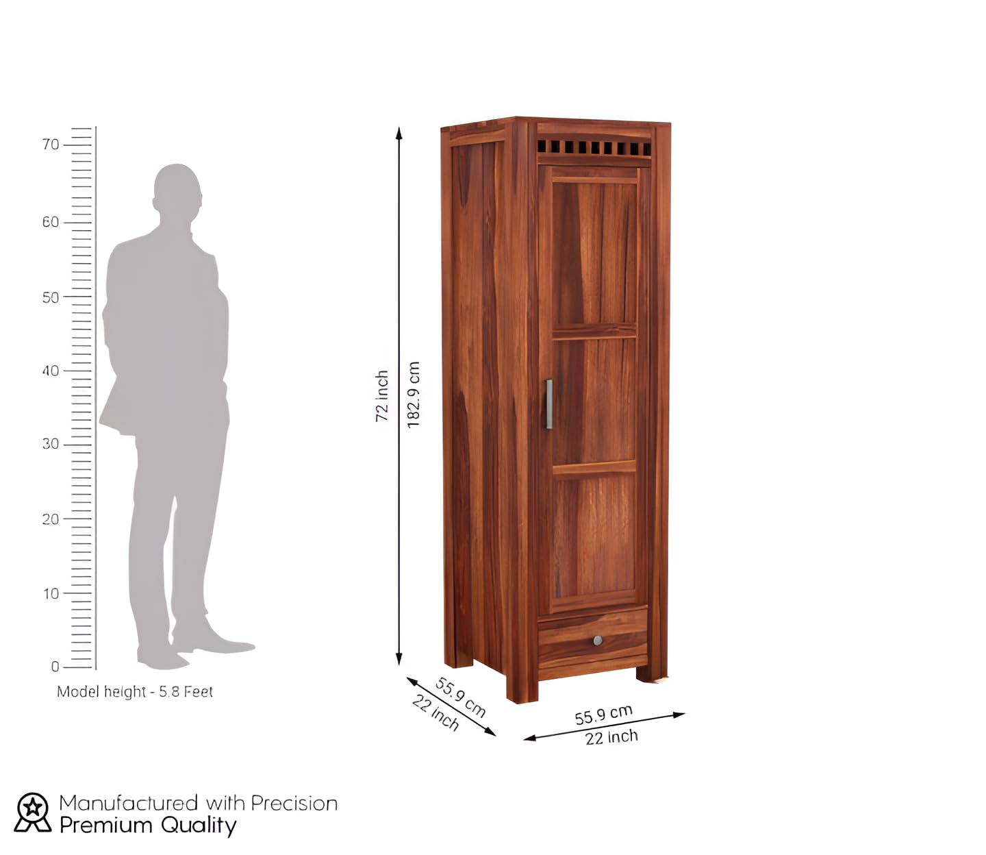 Premium Solid Sheesham Wood 1 Door Wardrobe with Drawer