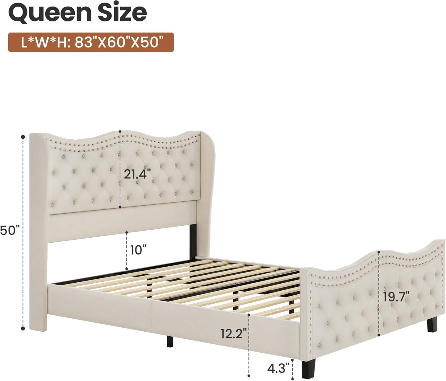 Luxury Upholstered Queen Size Bed with Tufted Wingback Headboard