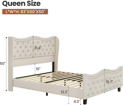 Luxury Upholstered Queen Size Bed with Tufted Wingback Headboard