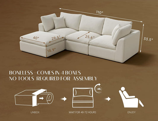 Modern L Shape Sectional Sofa Cream Fabric with Ottoman