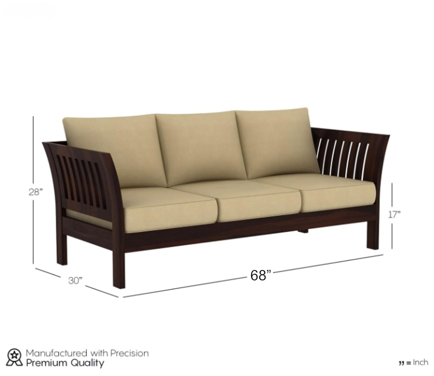 Sheesham Wood 3 Seater Sofa Beige Cushion Living Room