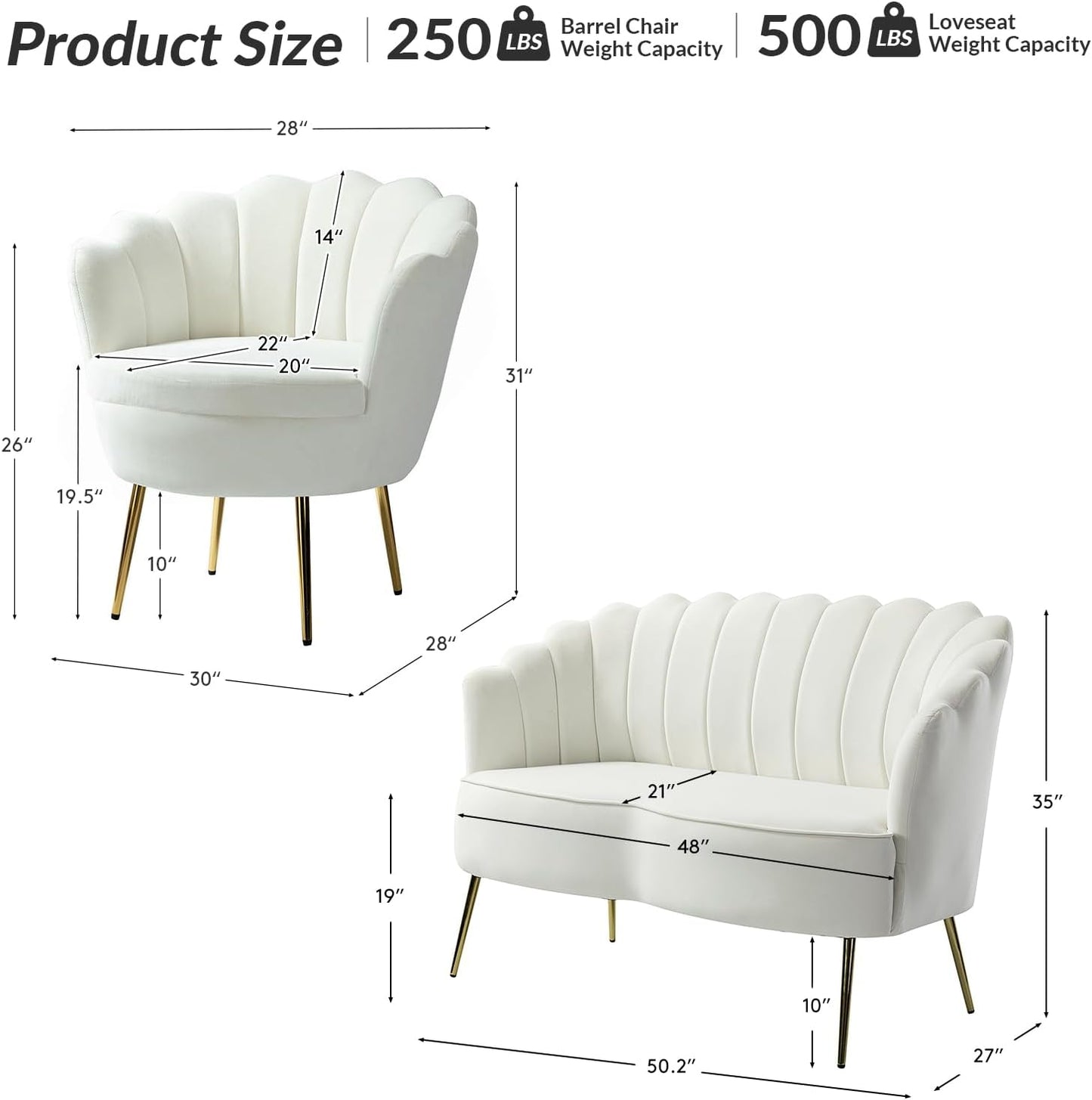 Modern Velvet 3 Piece Sofa Set Barrel Chair Loveseat