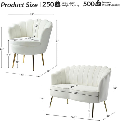 Modern Velvet 3 Piece Sofa Set Barrel Chair Loveseat