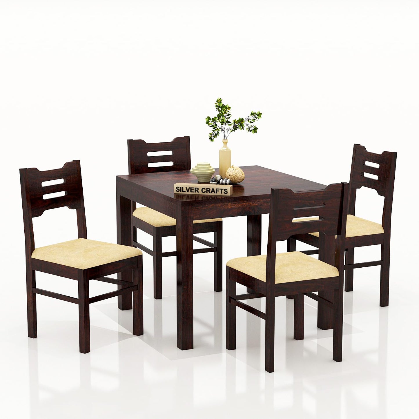 Solid Wood 4 Seater Dining Table Set with Cushioned Chairs