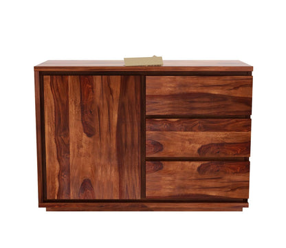 Modern Sheesham Wood Storage Cabinet with Drawers & Sliding Door