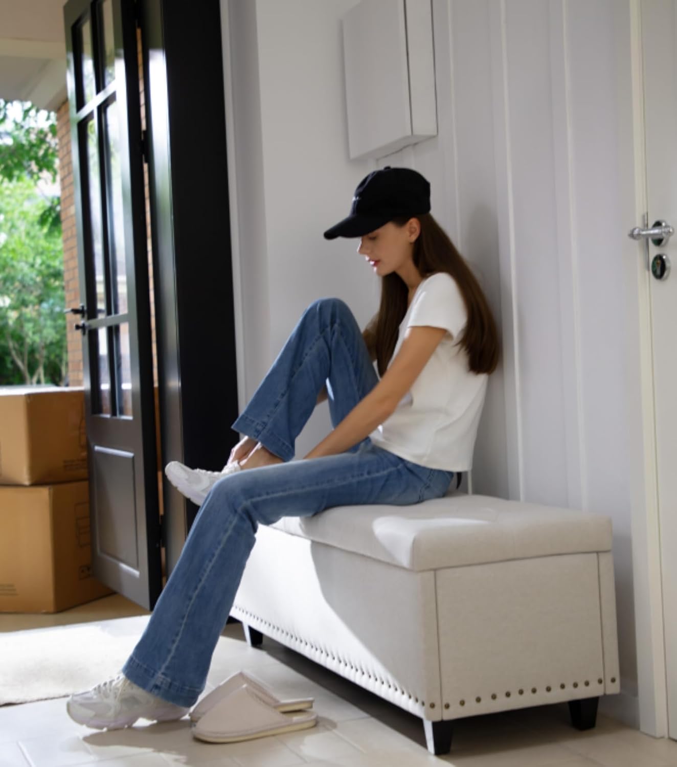 Tufted Storage Ottoman Bench with Safety Hinge & Rivets