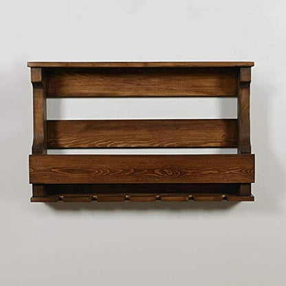 Solid Wood Wall Mounted Wine Rack with Glass Holder Shelf